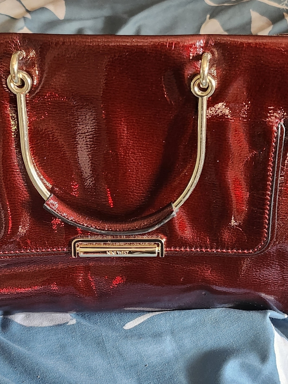 Nine West Red Patent Satchel with Gold-Tone Accents